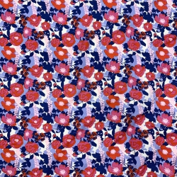 Tkanina wiskozowa chally - koralowe kwiaty z niebieskim